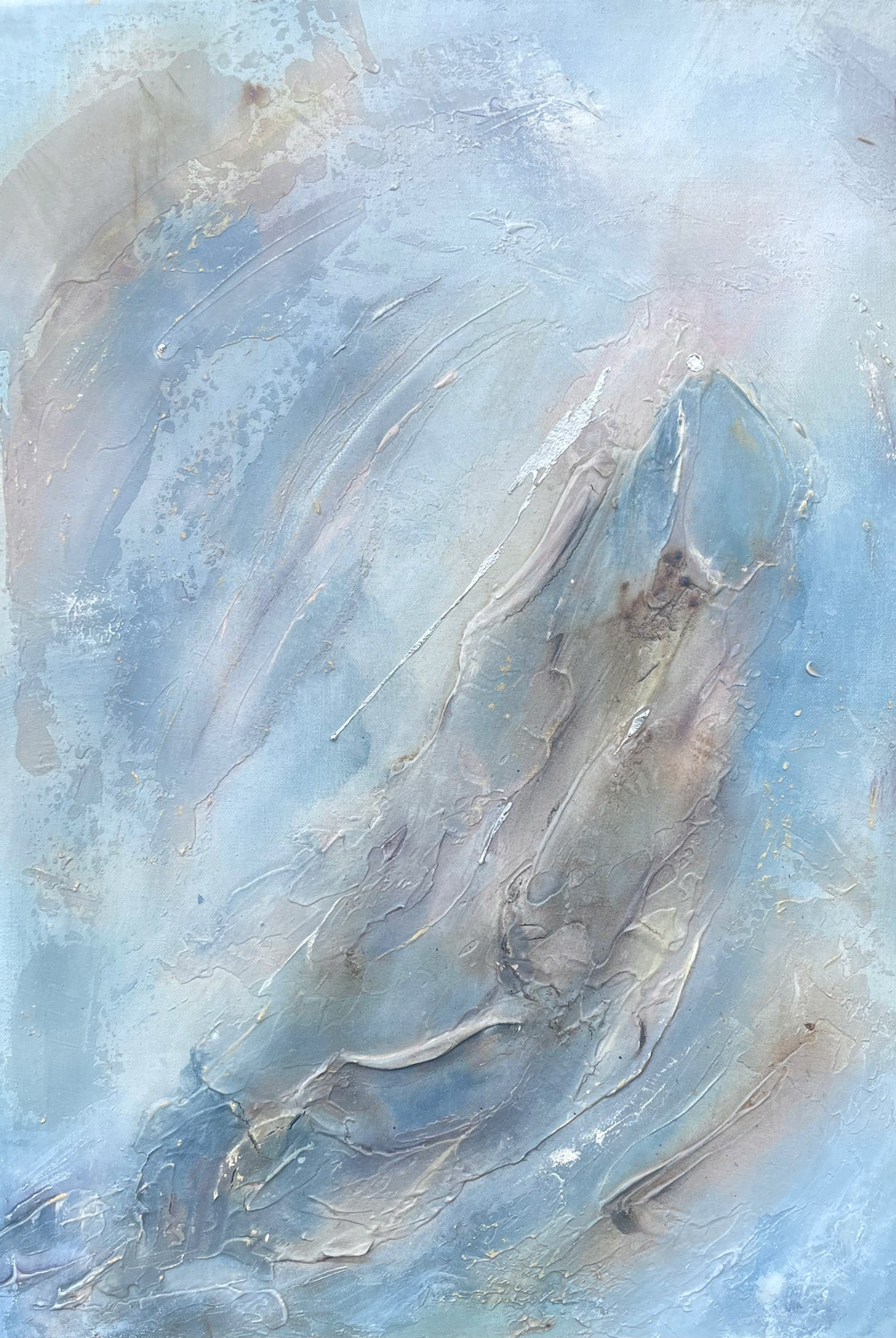 Returning Tide, a small abstract mineral painting by Ali Sweeting, made with Cornish tin and natural materials on linen, in blue and weathered tones.