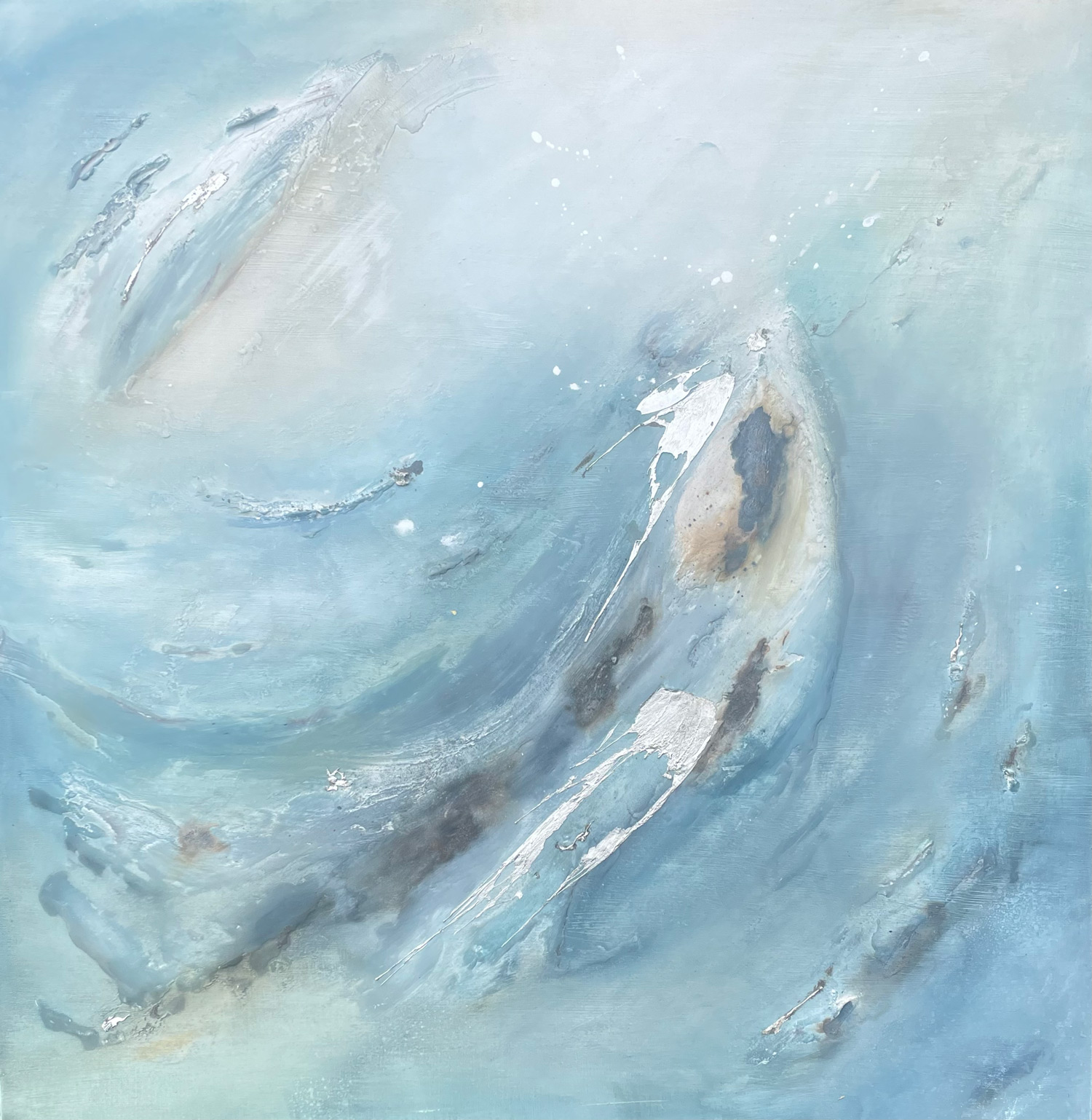 Tidal Reach, a large abstract mineral painting by Ali Sweeting, made with Cornish tin and natural materials on linen, a statement seascape in blue tones.