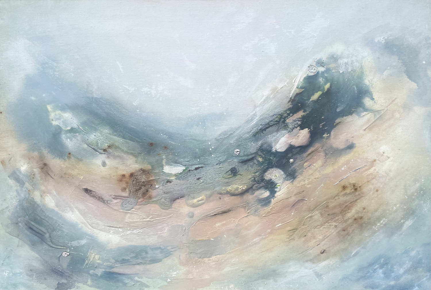 Coastal Sway, an abstract mineral painting by Ali Sweeting, made with Cornish tin and natural materials on linen, in soft neutral tones.
