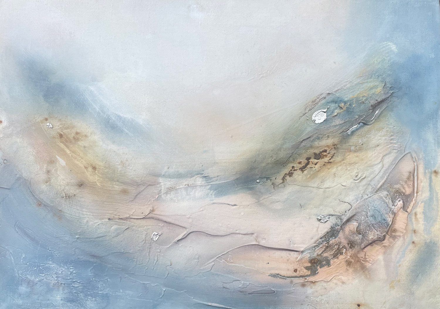 Estuary Whisper, a small abstract mineral painting by Ali Sweeting, made with Cornish tin and natural materials on linen, in soft pink and grey tones.
