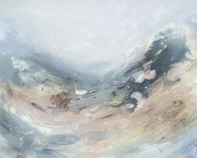 Coastal Sway, an abstract painting of seaweed fronds floating on the estuary water.