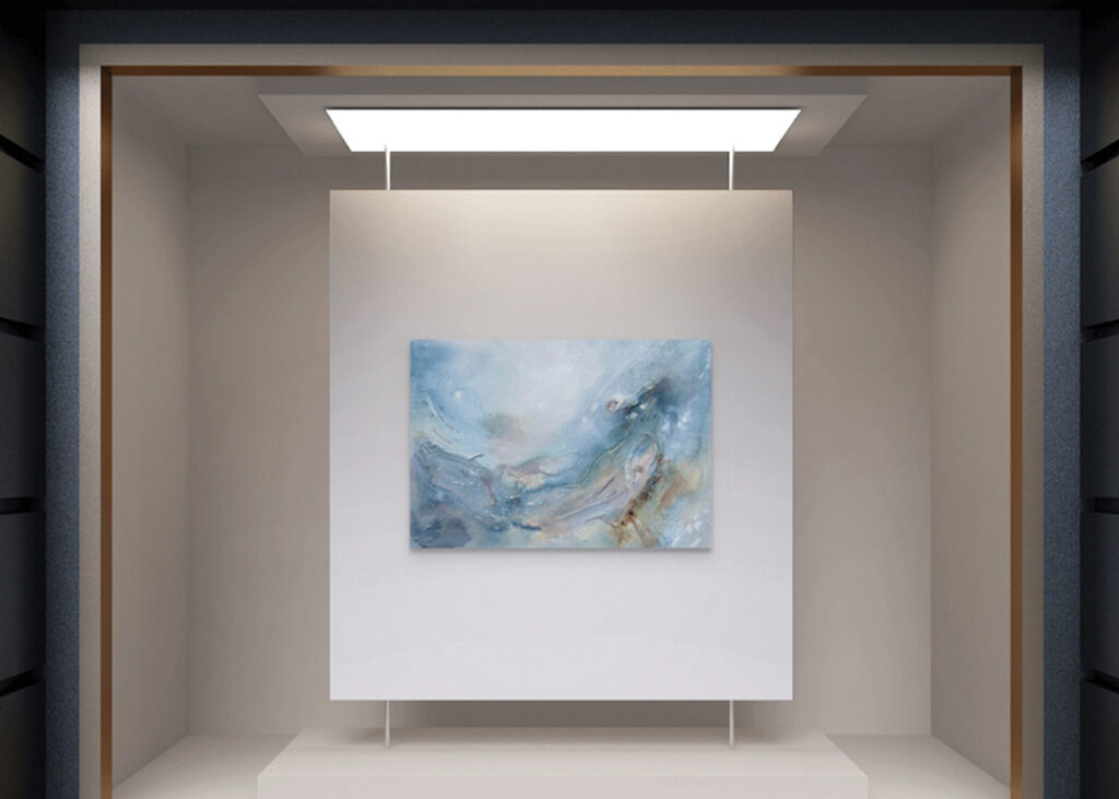 Tidal Fragment, a painting by Ali Sweeting in a gallery setting.